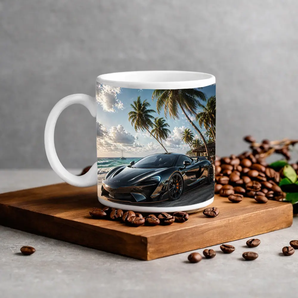 McLaren Black Supercar Tropical Beach Scene – Mugs