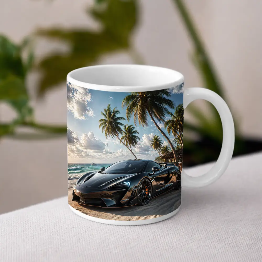 McLaren Black Supercar Tropical Beach Scene – Mugs
