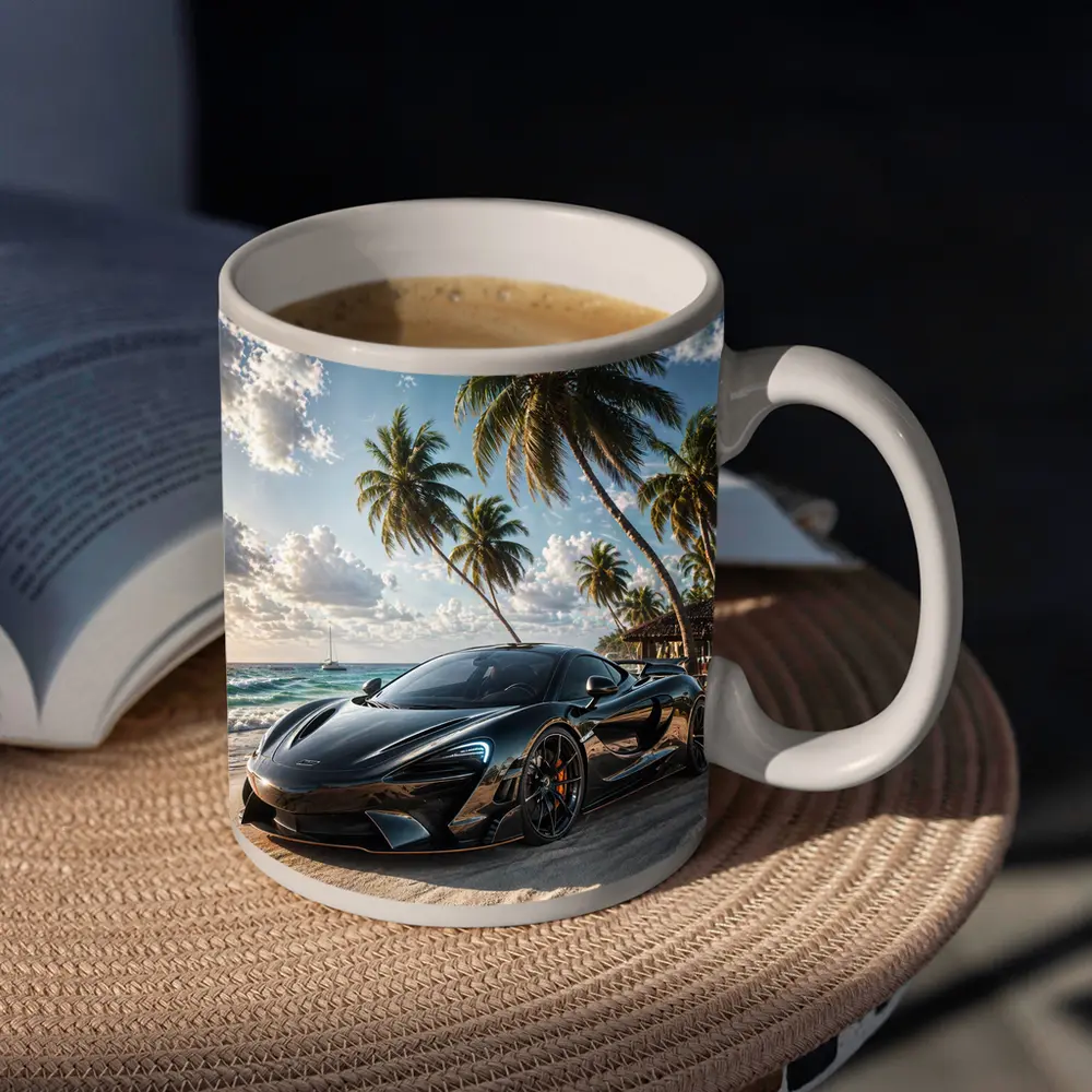 McLaren Black Supercar Tropical Beach Scene – Mugs