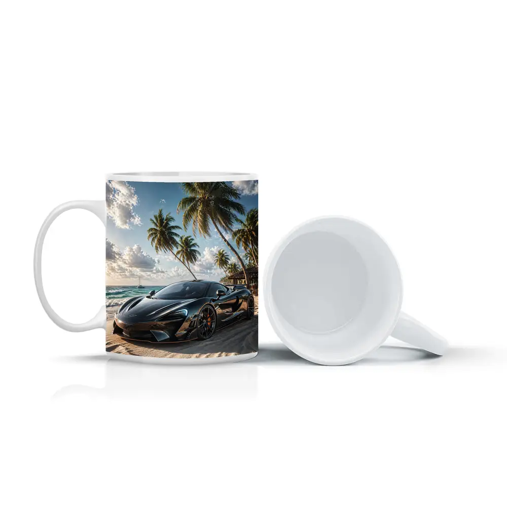 McLaren Black Supercar Tropical Beach Scene – Mugs