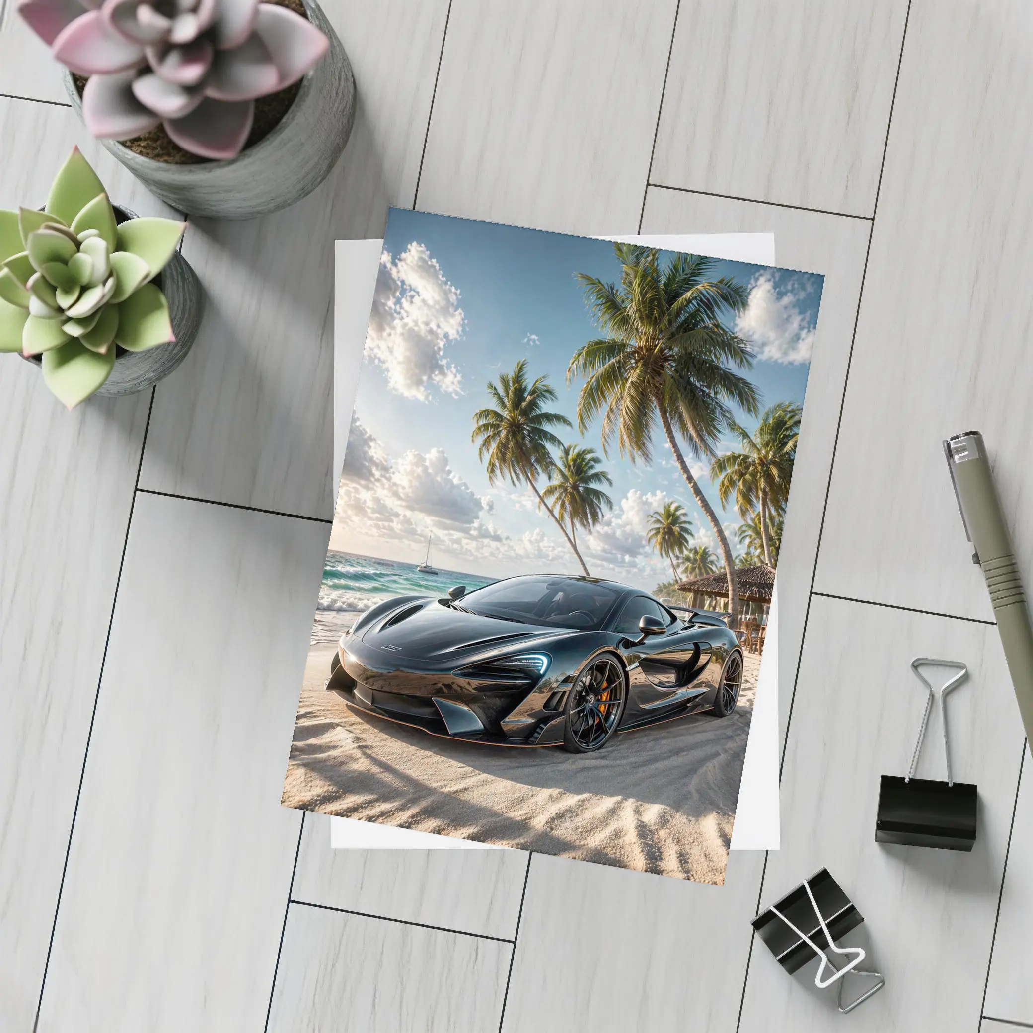 McLaren Black Supercar Tropical Beach Scene – Postcards