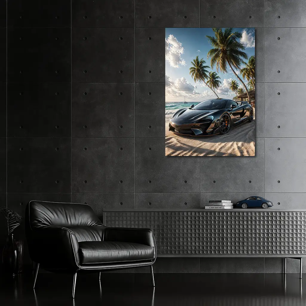McLaren Black Supercar Tropical Beach Scene – Wall Art