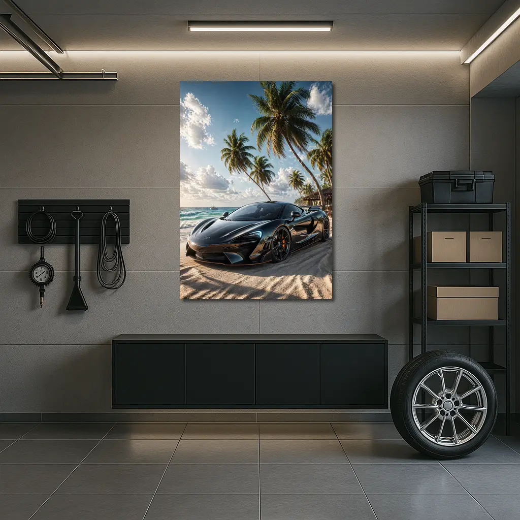 McLaren Black Supercar Tropical Beach Scene – Wall Art