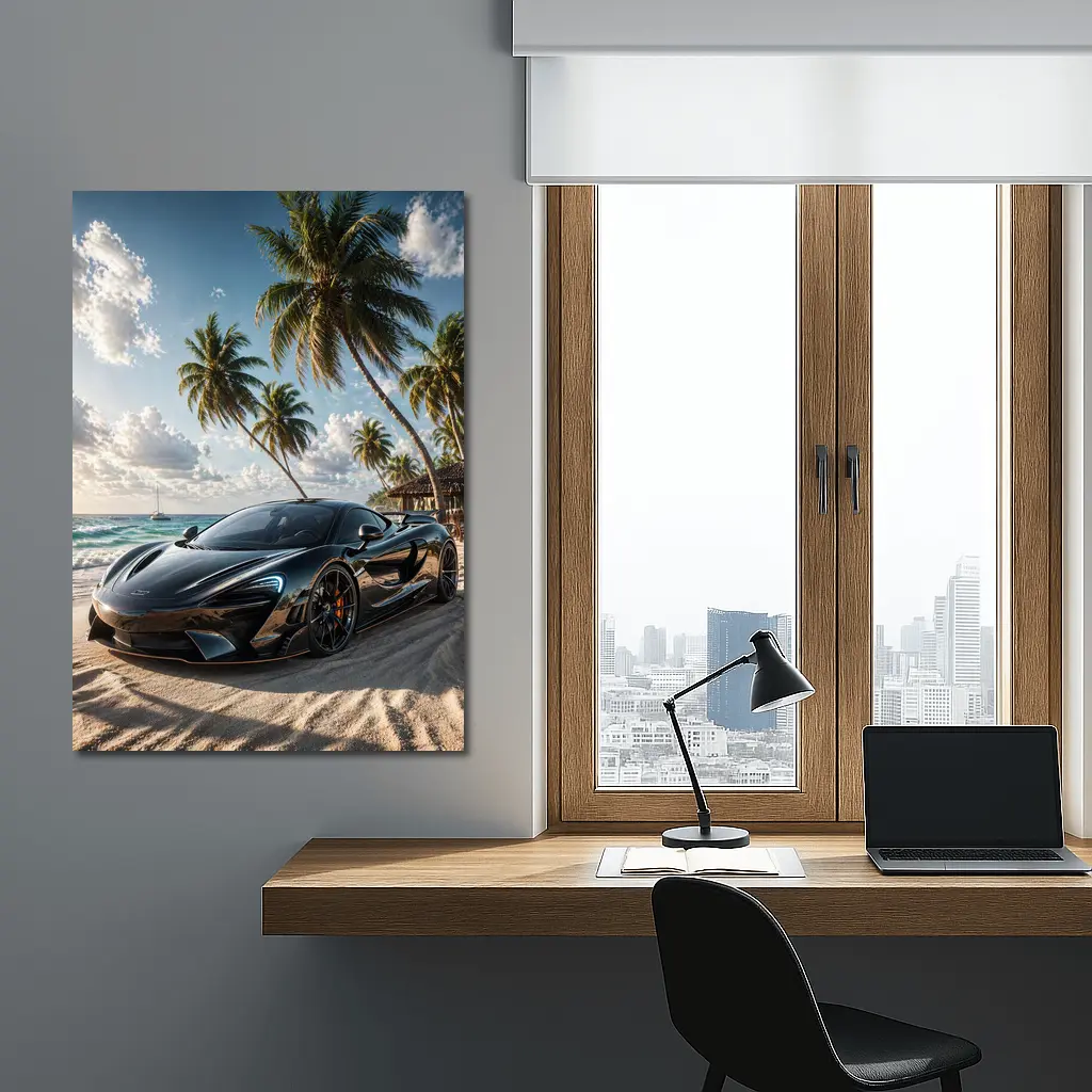 McLaren Black Supercar Tropical Beach Scene – Wall Art