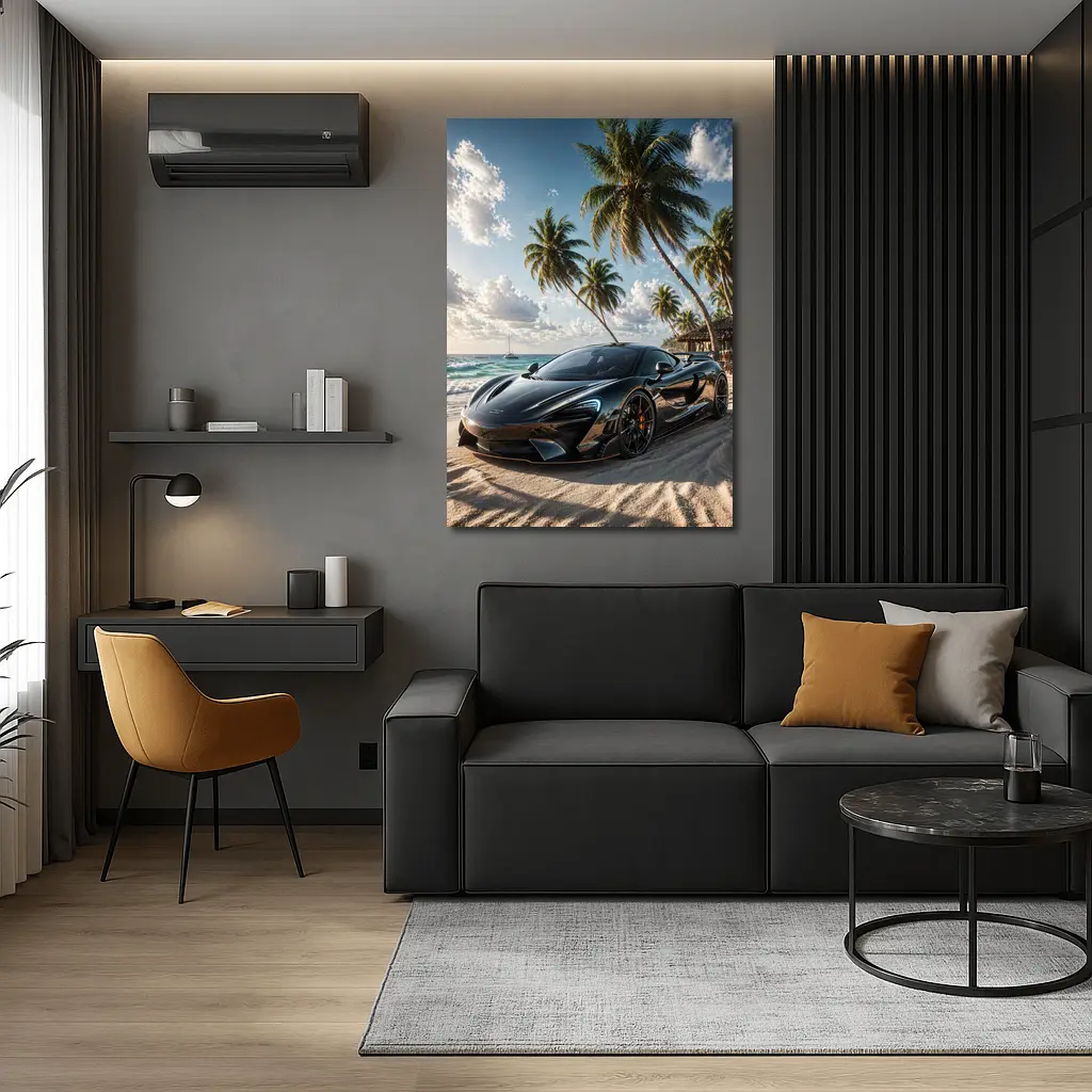 McLaren Black Supercar Tropical Beach Scene – Wall Art