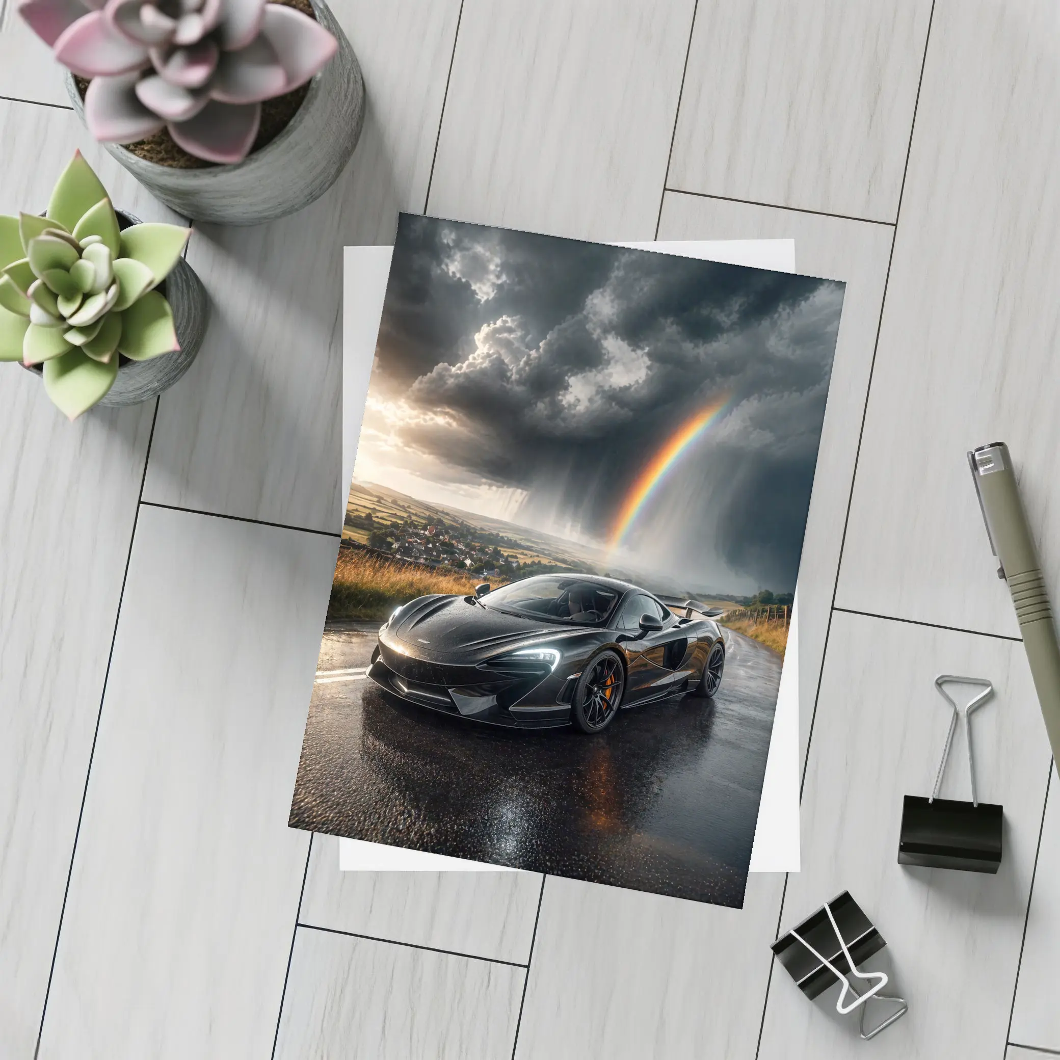 McLaren 570S Black Supercar Stormy Rainbow Road – Postcards