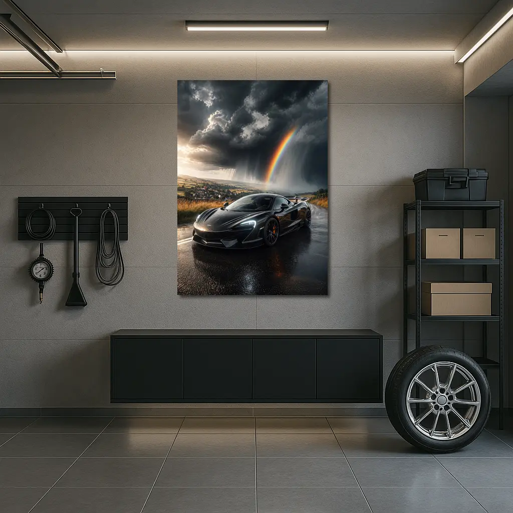 McLaren 570S Black Supercar Stormy Rainbow Road – Wall Art