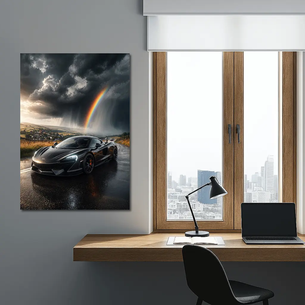 McLaren 570S Black Supercar Stormy Rainbow Road – Wall Art