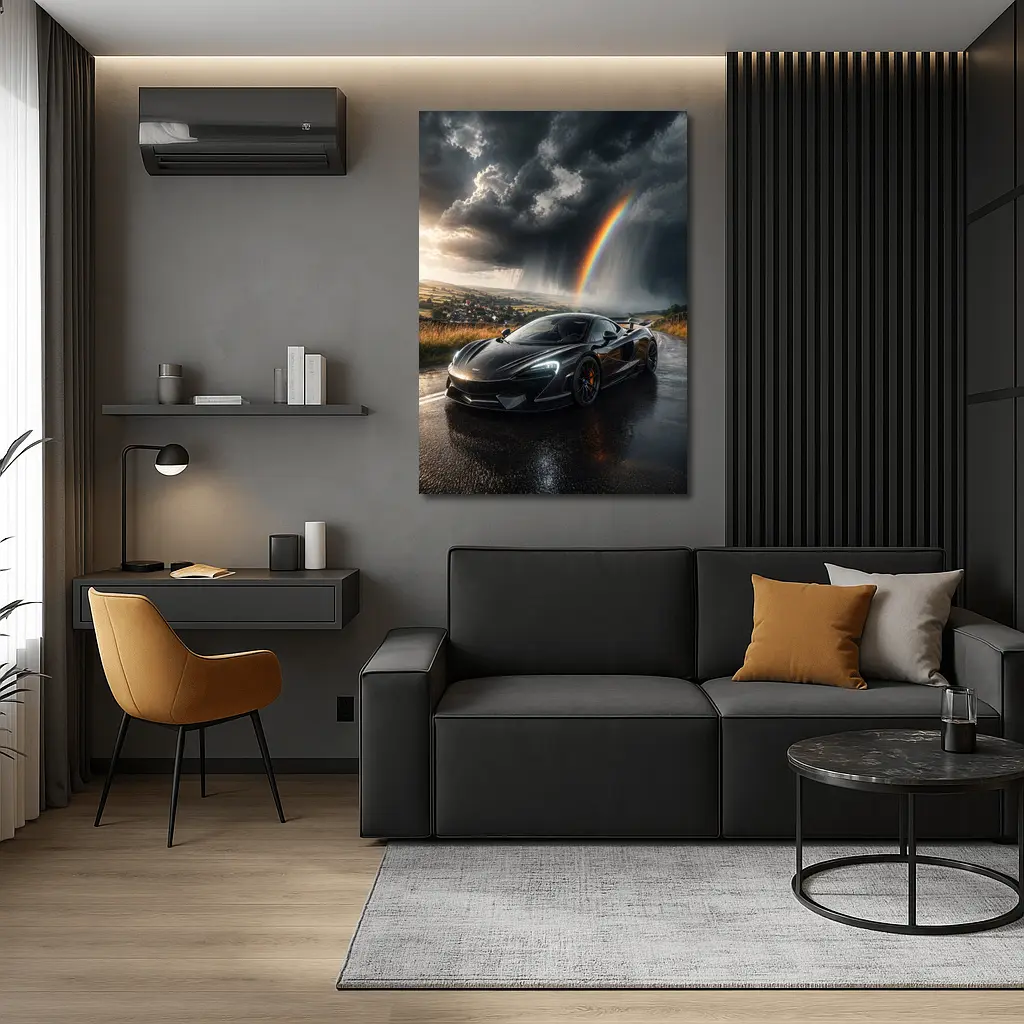 McLaren 570S Black Supercar Stormy Rainbow Road – Wall Art