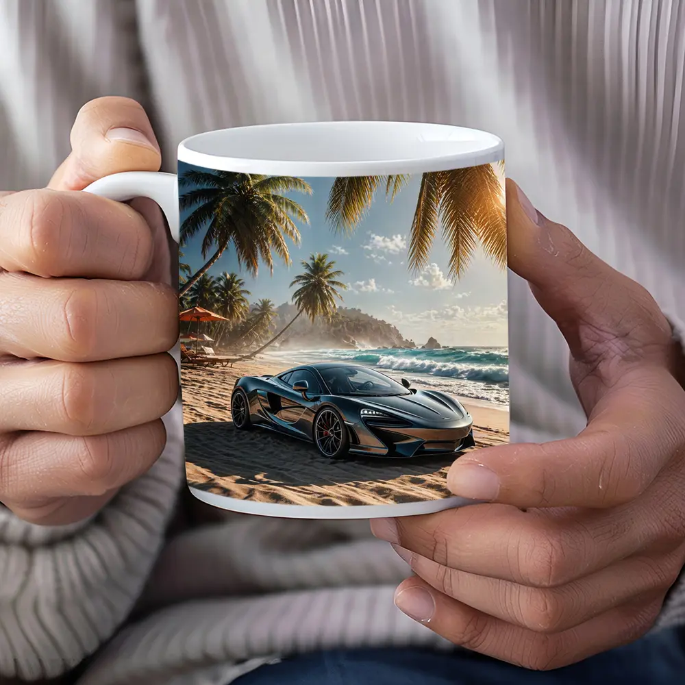 McLaren GT Parked on Tropical Beach – Mugs