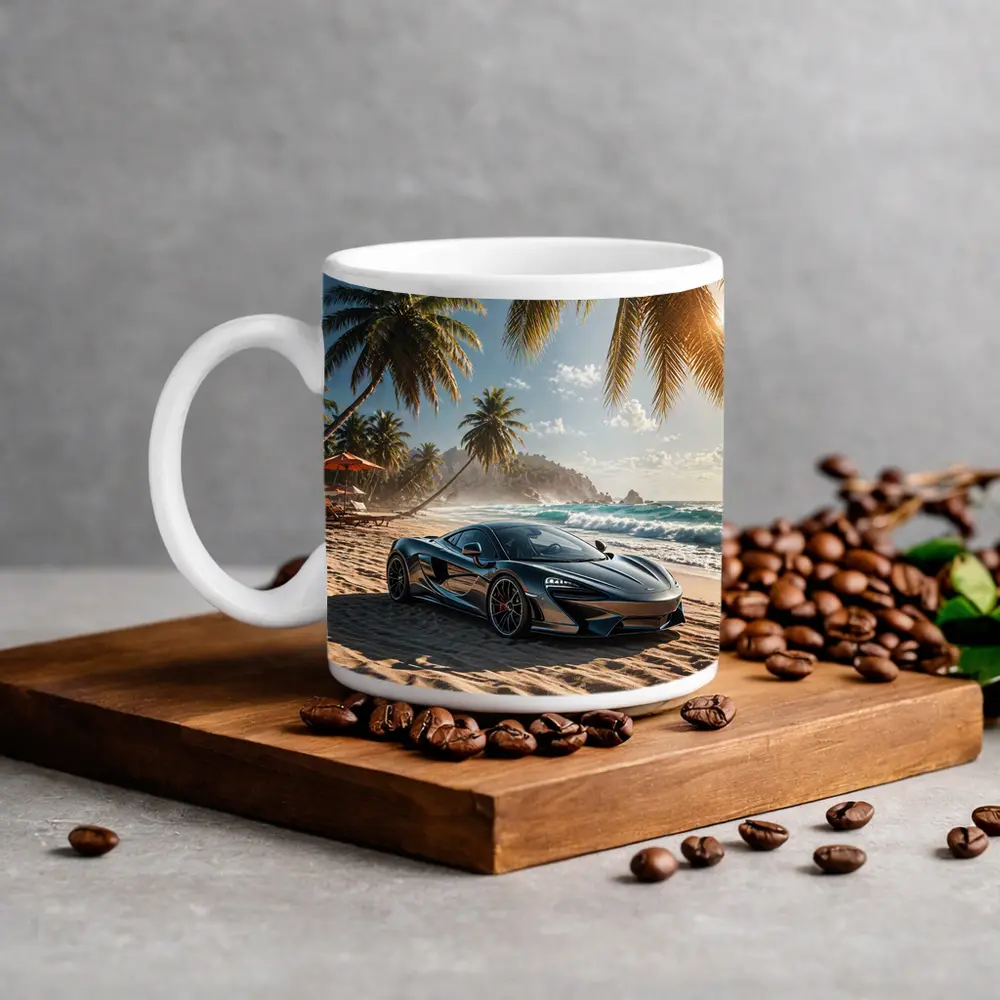 McLaren GT Parked on Tropical Beach – Mugs