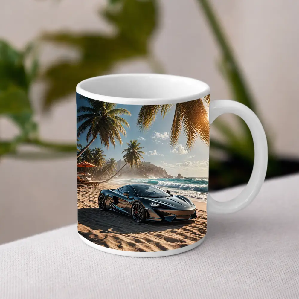 McLaren GT Parked on Tropical Beach – Mugs