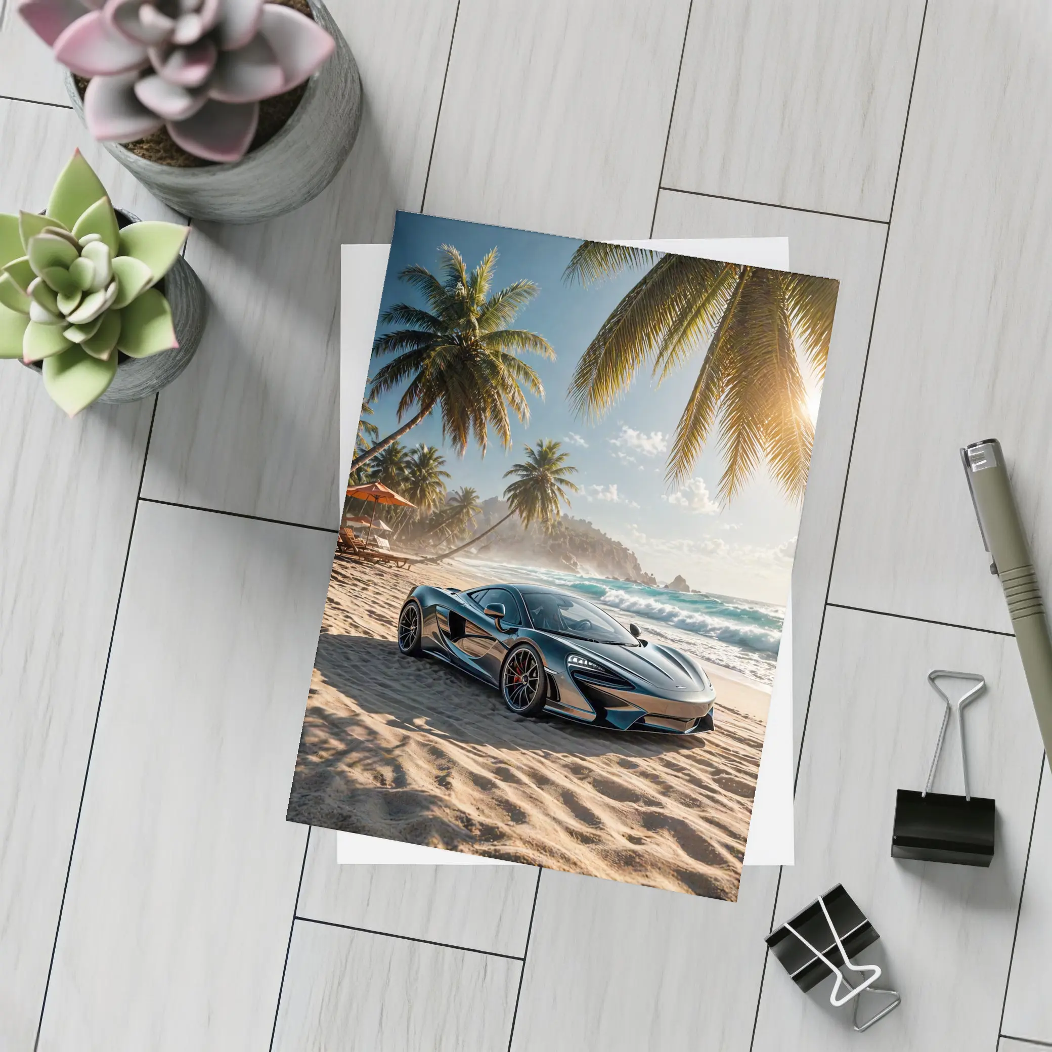 McLaren GT Parked on Tropical Beach – Postcards