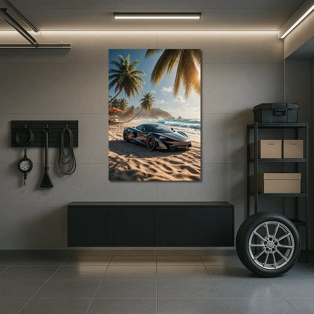 McLaren GT Parked on Tropical Beach – Wall Art