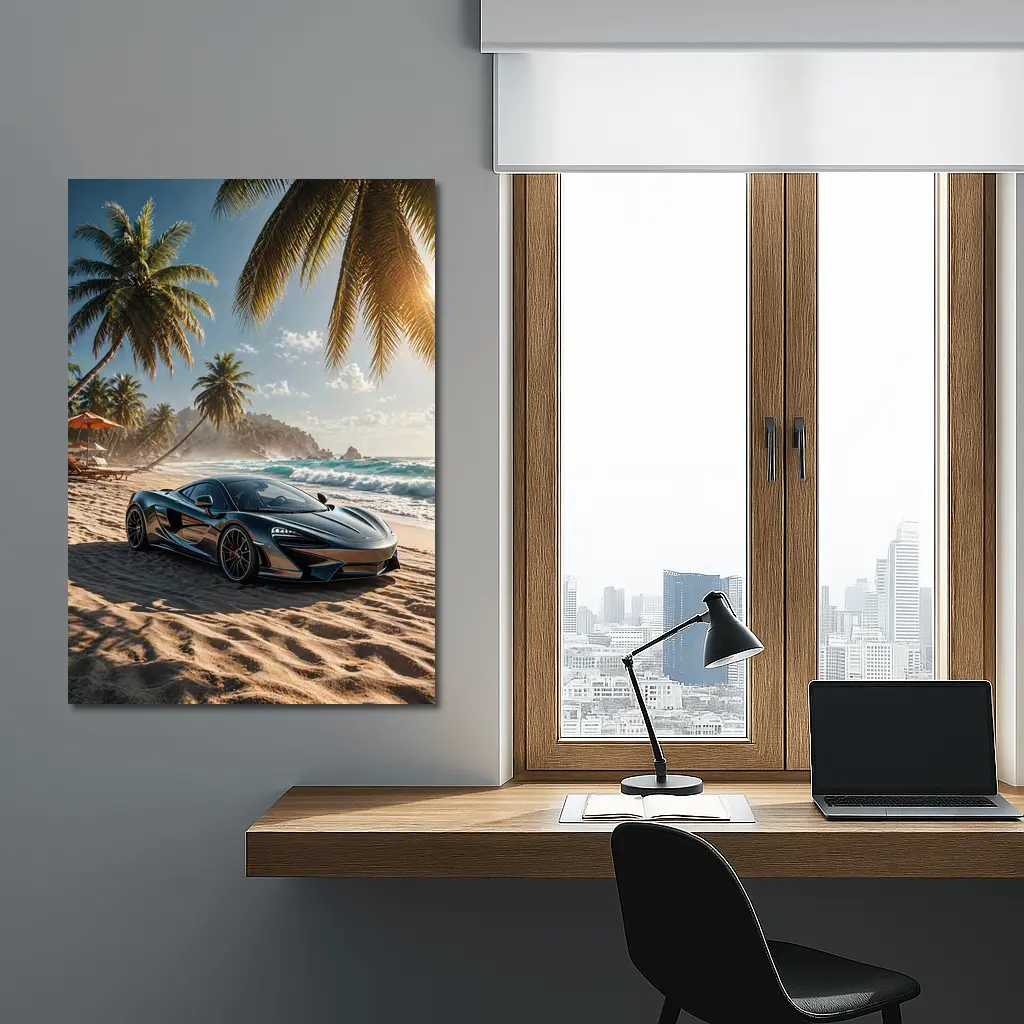 McLaren GT Parked on Tropical Beach – Wall Art