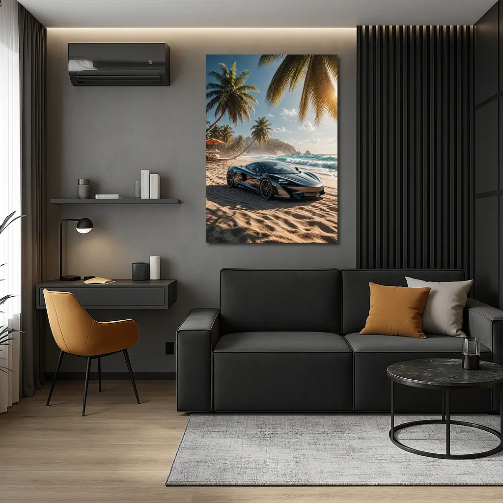 McLaren GT Parked on Tropical Beach – Wall Art
