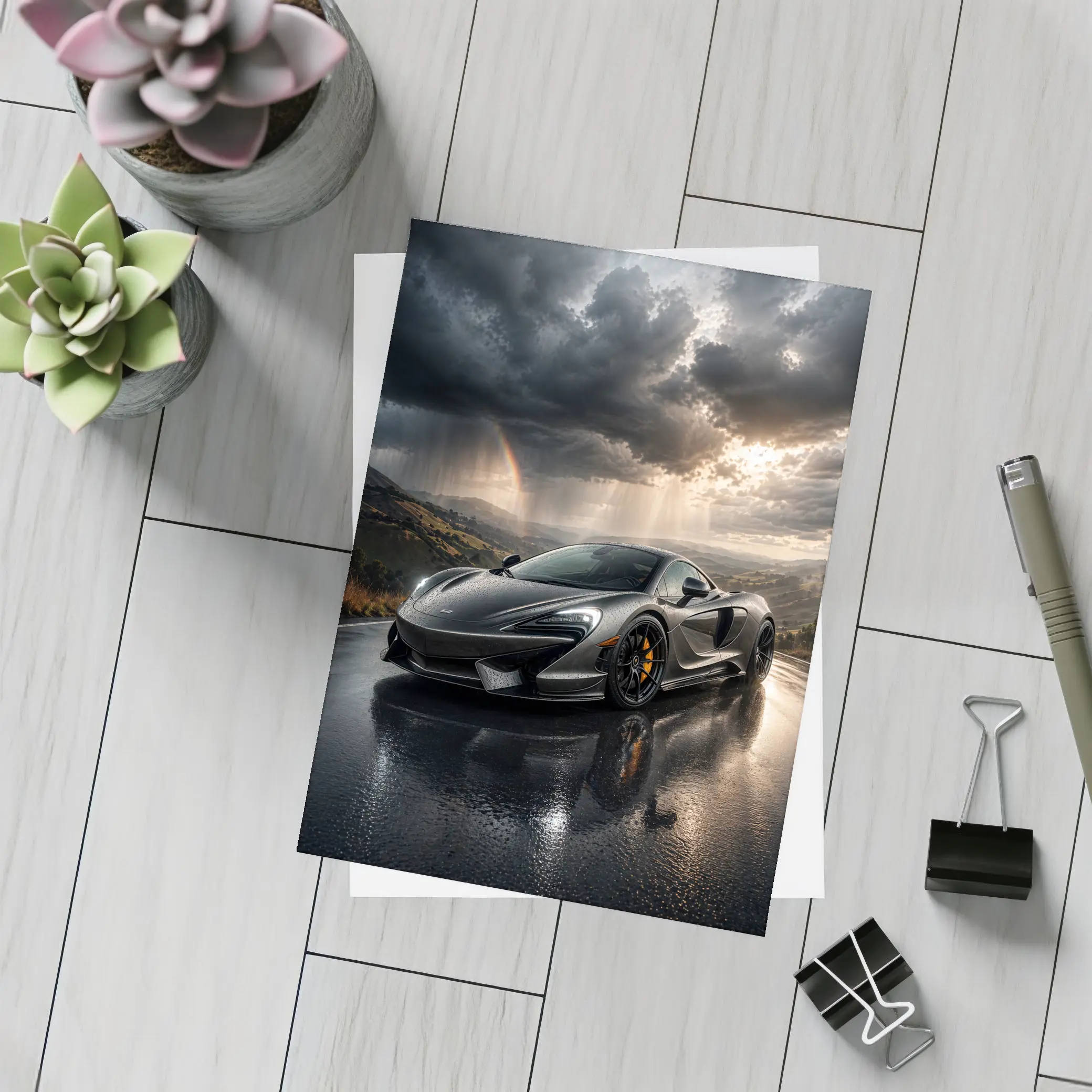 McLaren 570S Black Supercar Stormy Road – Postcards