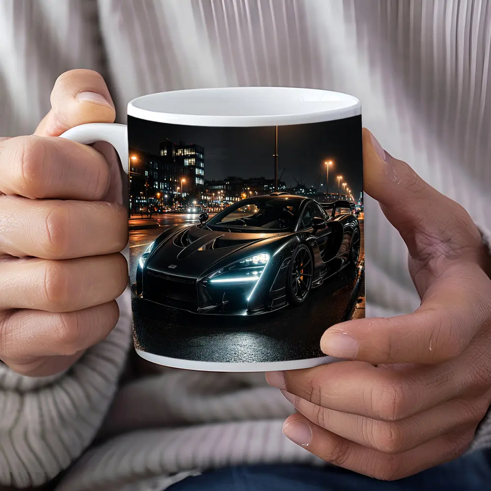 McLaren Senna Black Supercar Rainy Night Street – Mugs