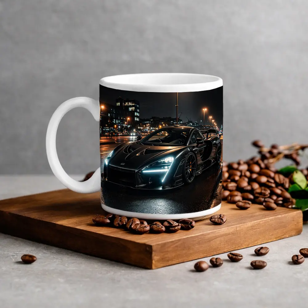 McLaren Senna Black Supercar Rainy Night Street – Mugs