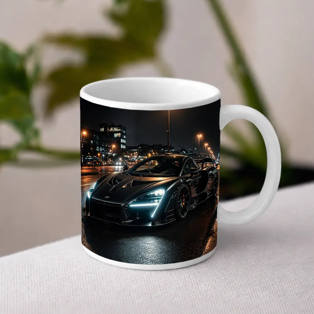 McLaren Senna Black Supercar Rainy Night Street – Mugs