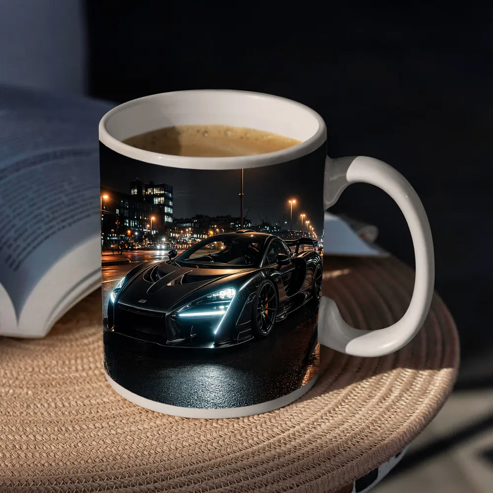 McLaren Senna Black Supercar Rainy Night Street – Mugs