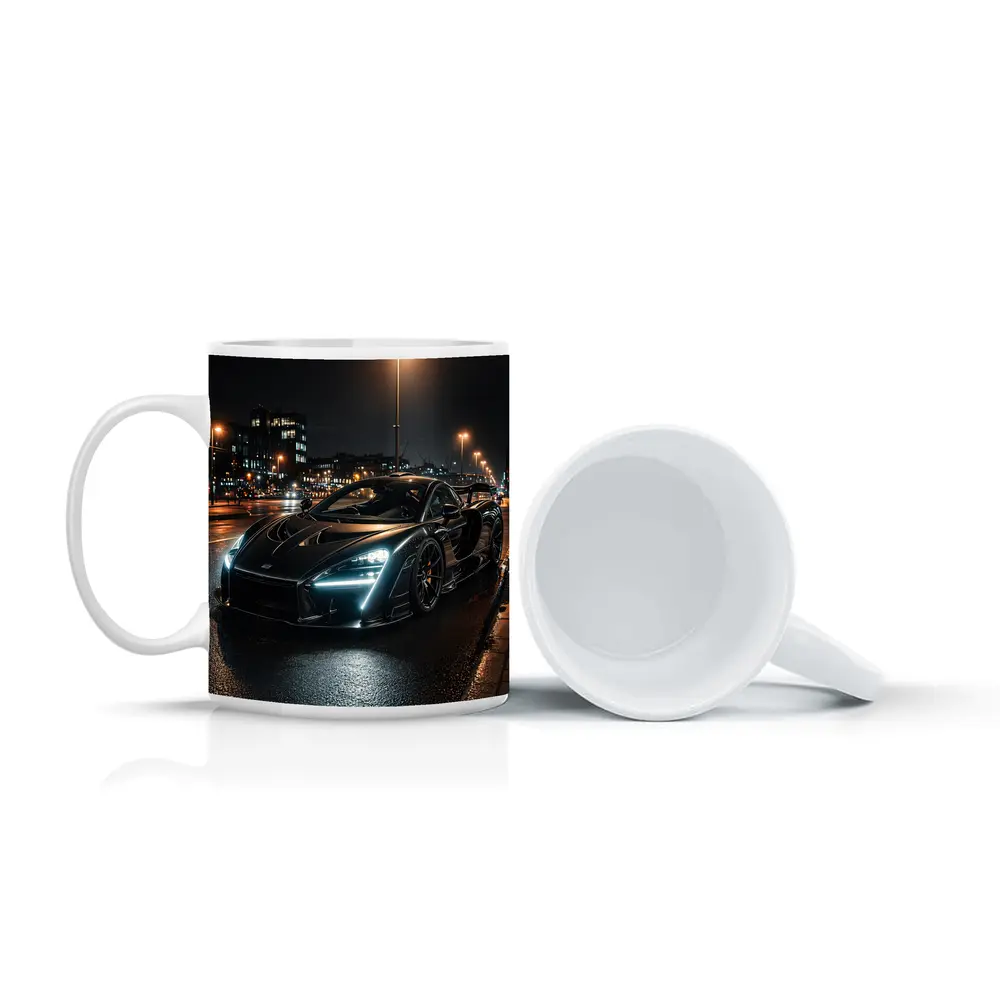 McLaren Senna Black Supercar Rainy Night Street – Mugs