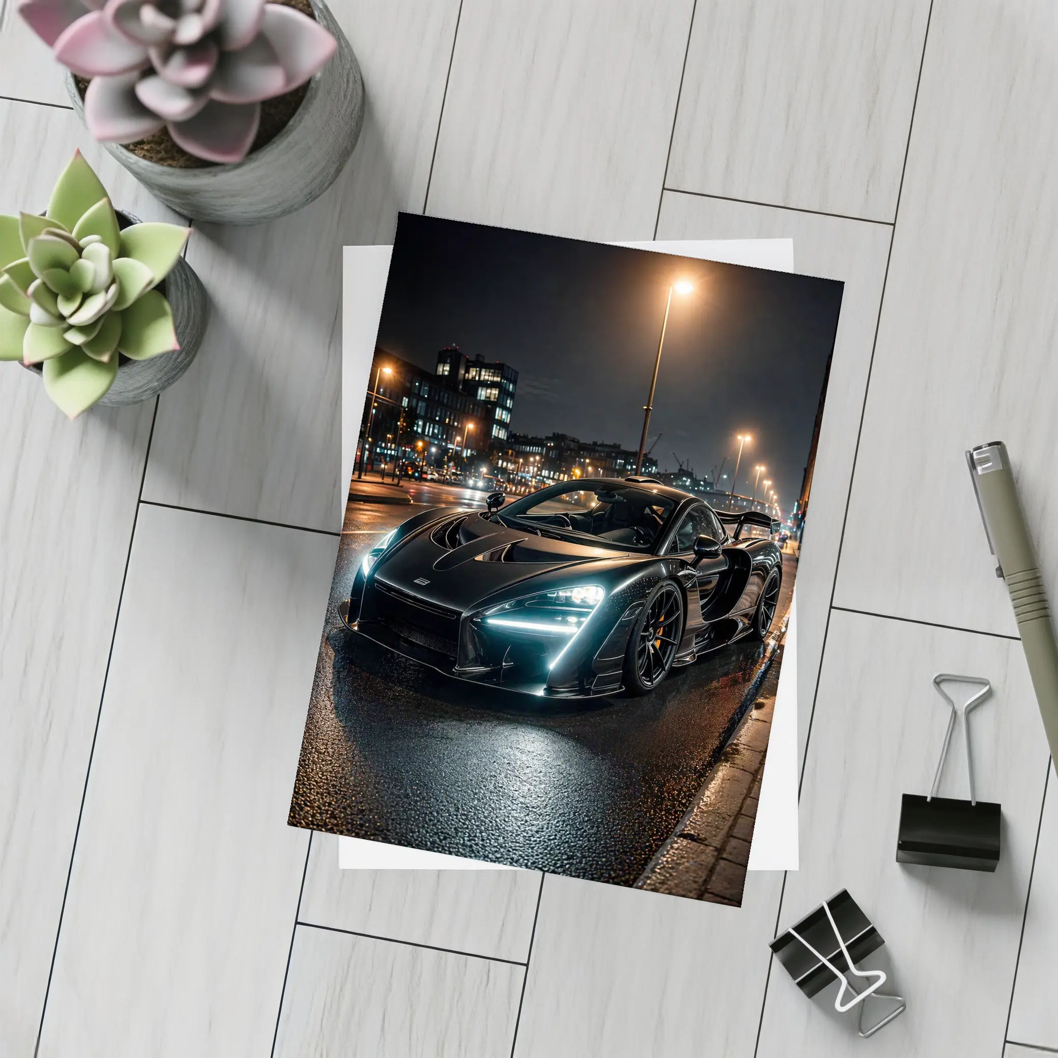 McLaren Senna Black Supercar Rainy Night Street – Postcards