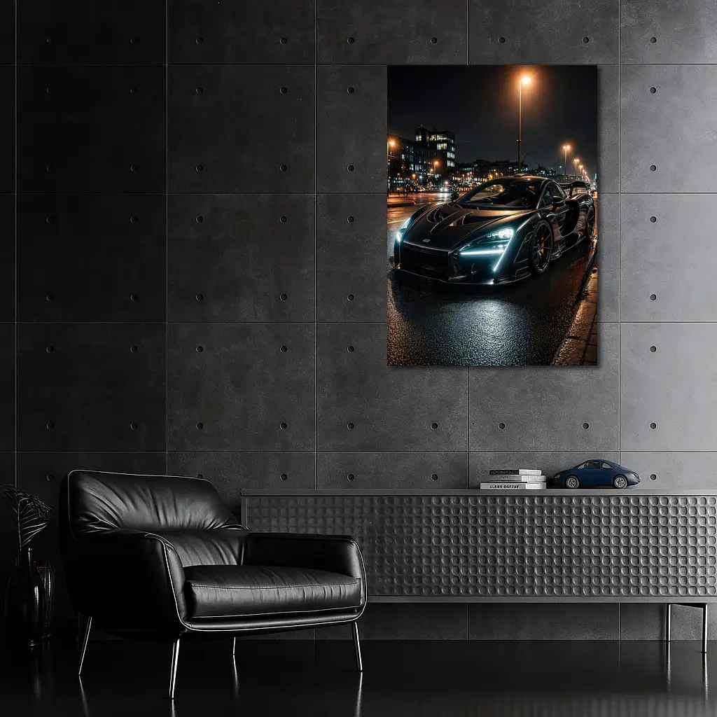 McLaren Senna Black Supercar Rainy Night Street – Wall Art