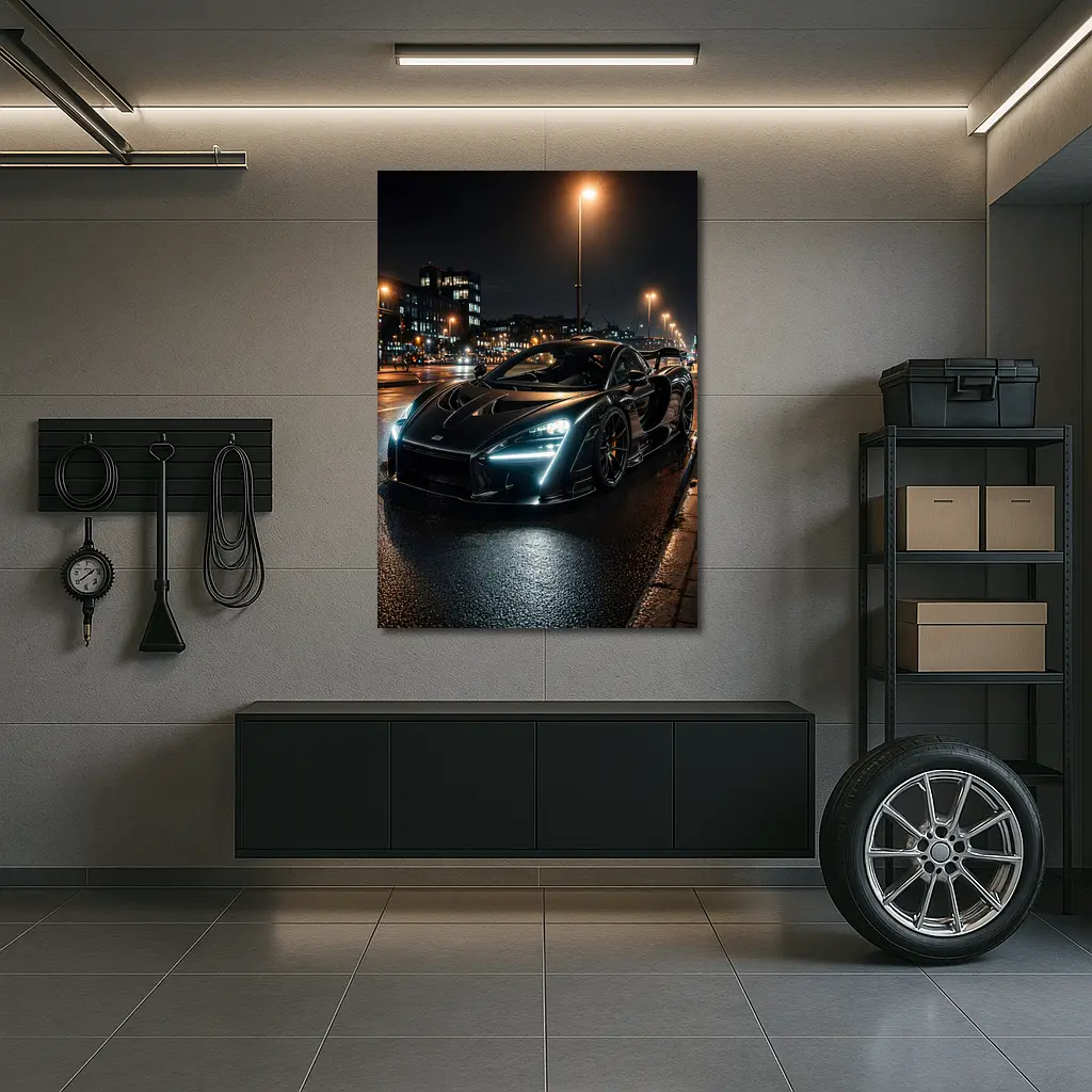McLaren Senna Black Supercar Rainy Night Street – Wall Art