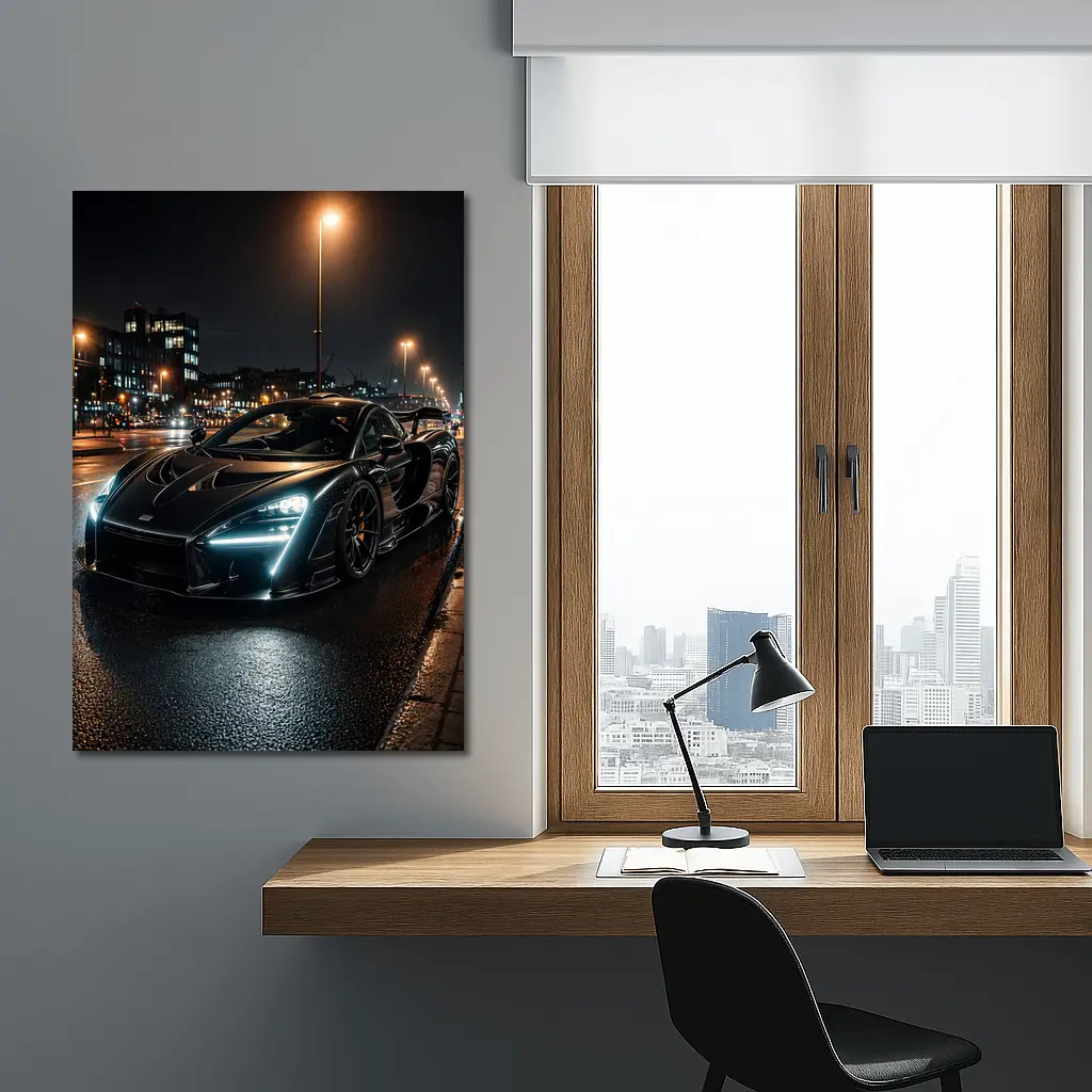 McLaren Senna Black Supercar Rainy Night Street – Wall Art