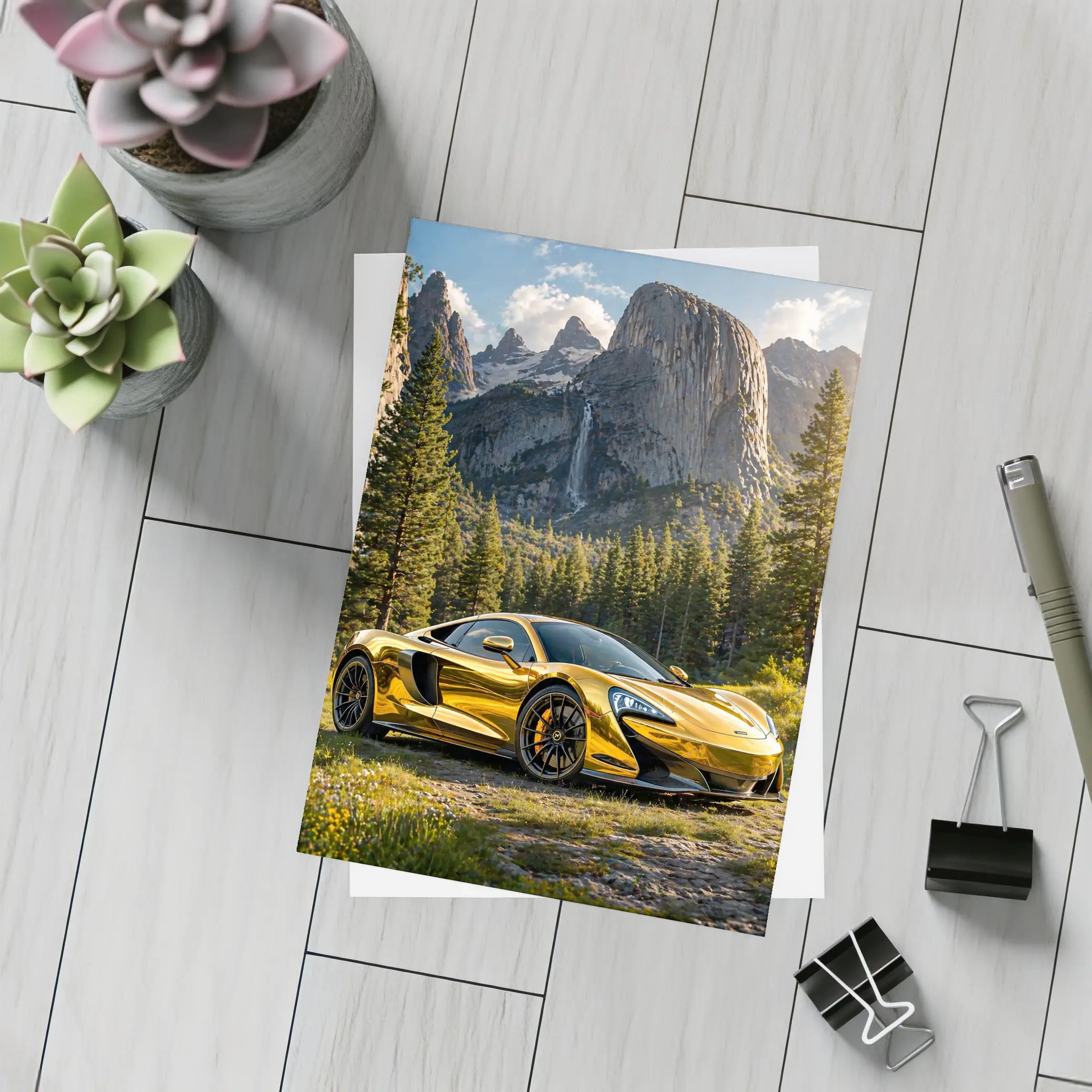 McLaren 570S Gold Chrome Mountain Forest Scene – Postcards