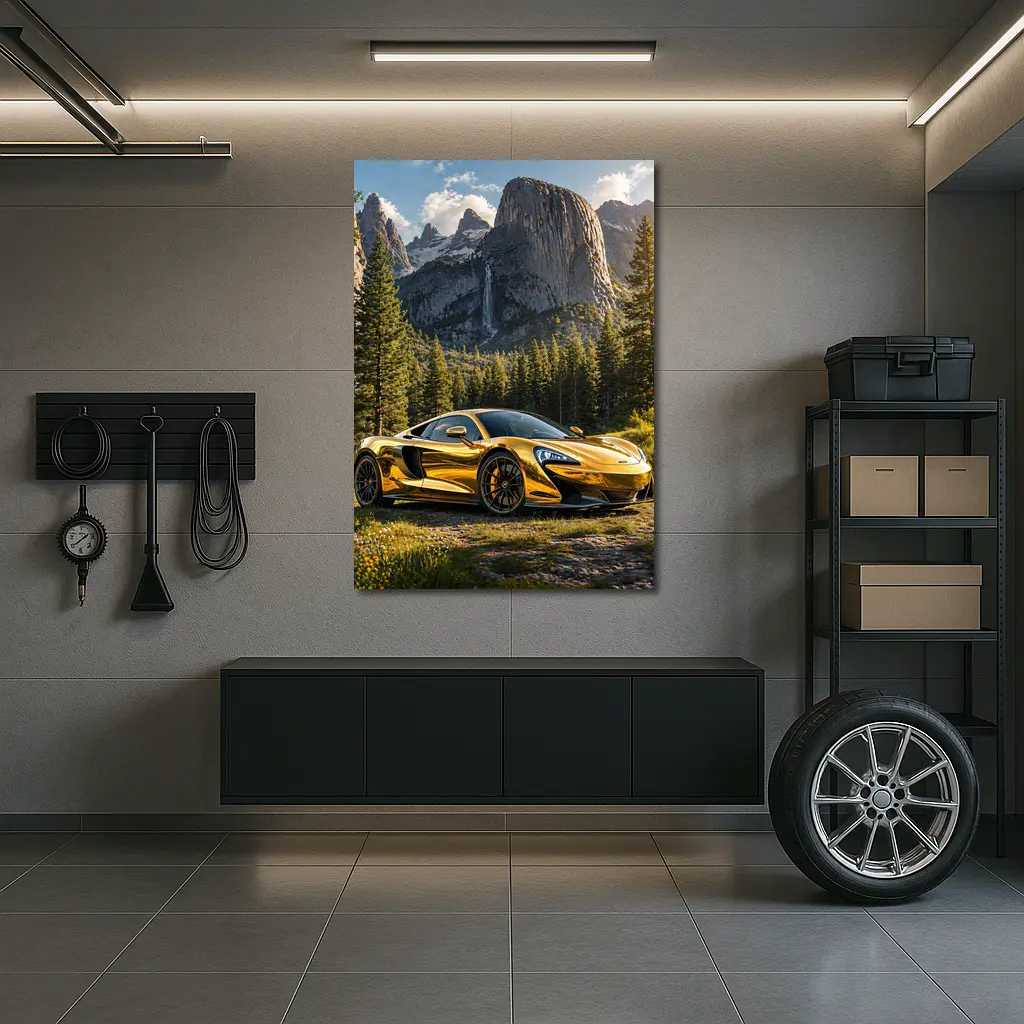 McLaren 570S Gold Chrome Mountain Forest Scene – Wall Art