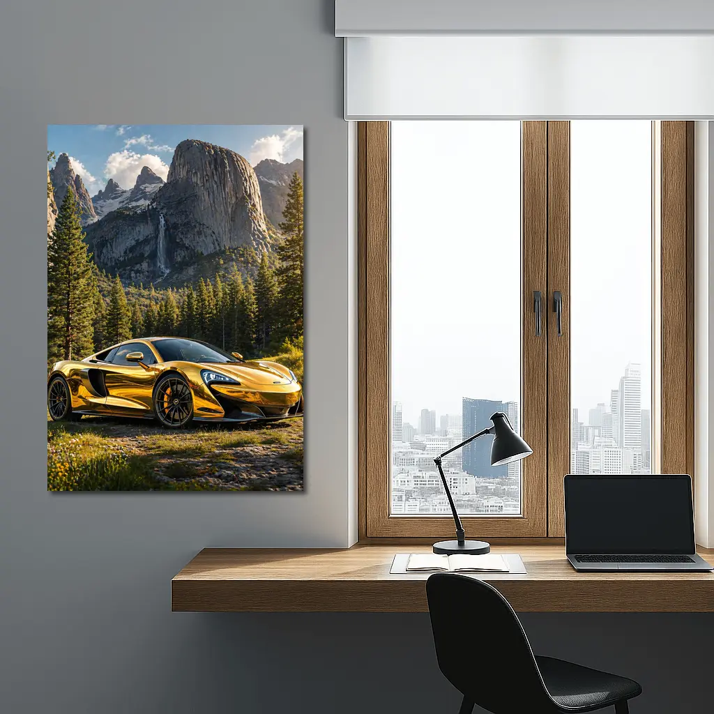 McLaren 570S Gold Chrome Mountain Forest Scene – Wall Art