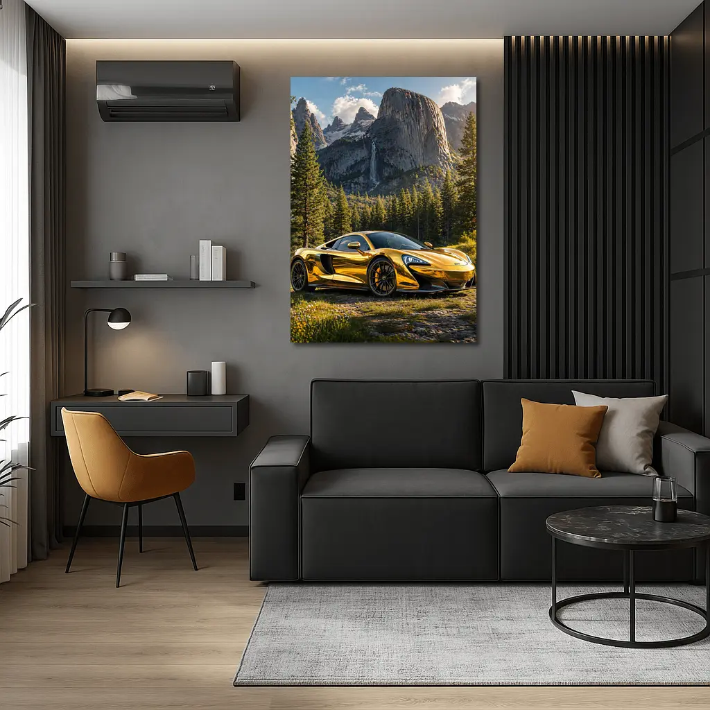 McLaren 570S Gold Chrome Mountain Forest Scene – Wall Art