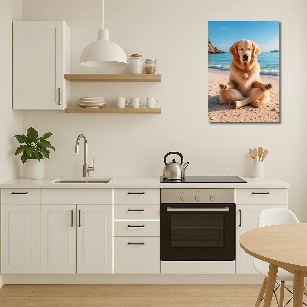 Golden Retriever Meditating on Sunny Beach – Wall Art