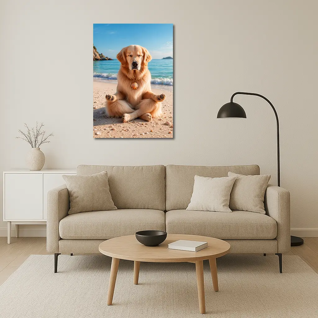 Golden Retriever Meditating on Sunny Beach – Wall Art