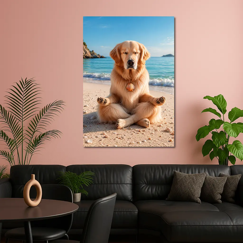 Golden Retriever Meditating on Sunny Beach – Wall Art