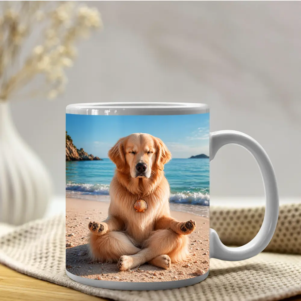 Golden Retriever Meditating on Sunny Beach – Mugs