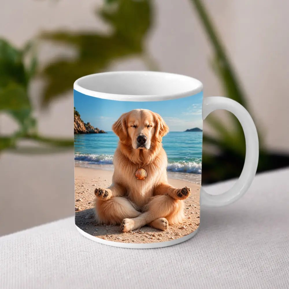 Golden Retriever Meditating on Sunny Beach – Mugs