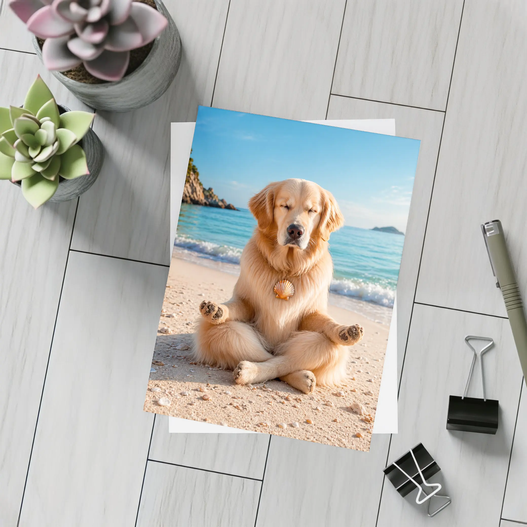 Golden Retriever Meditating on Sunny Beach – Postcards