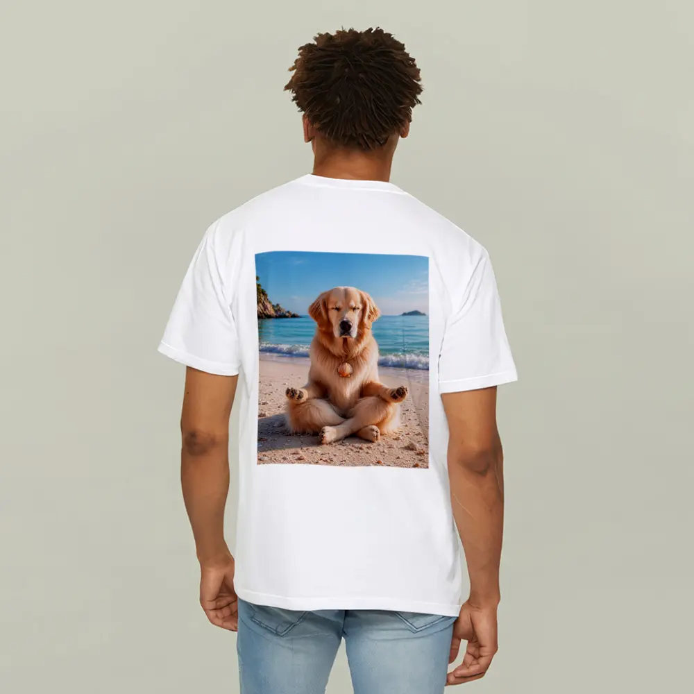 Golden Retriever Meditating on Sunny Beach – T-Shirts