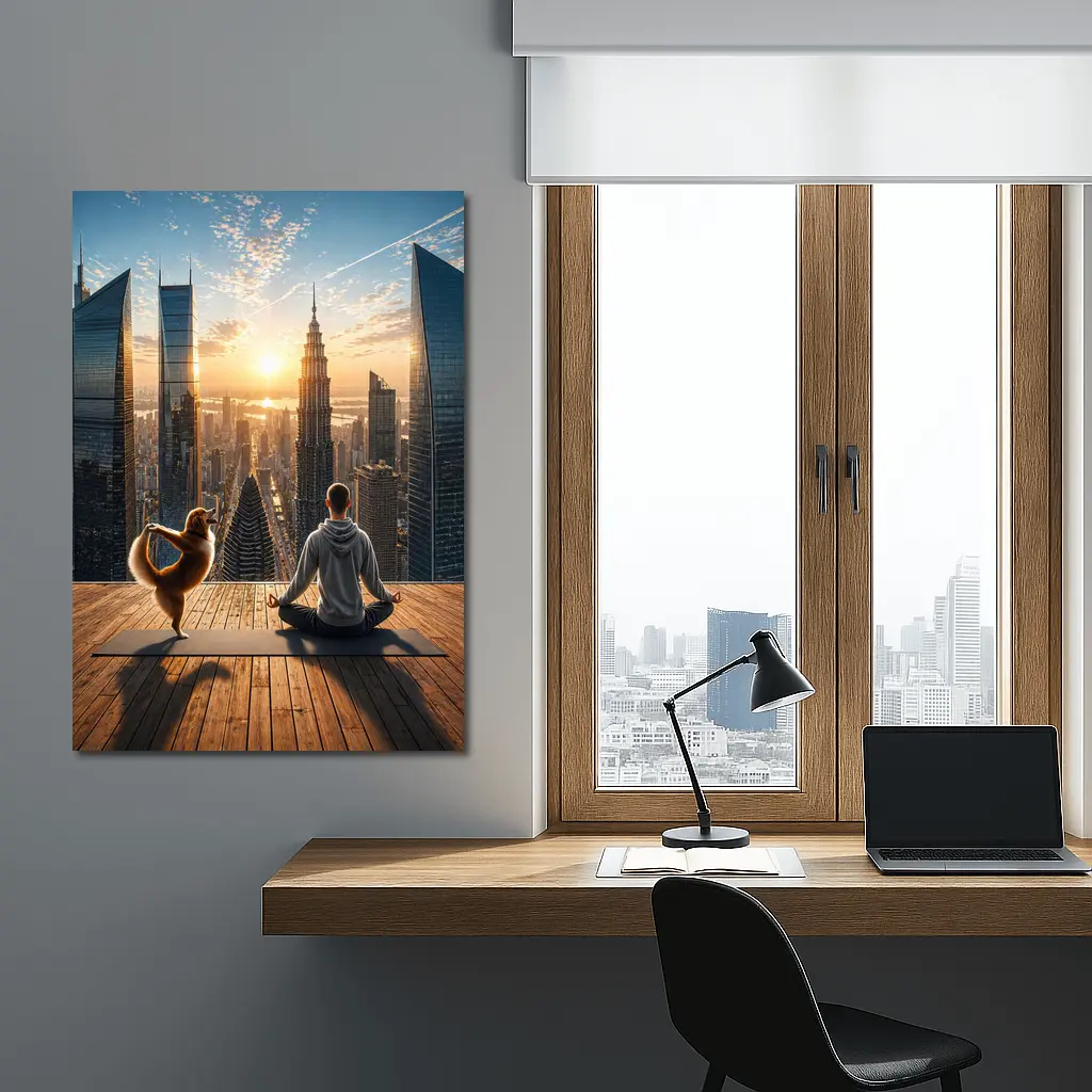 Man and Dog Yoga City Skyline Sunrise – Wall Art