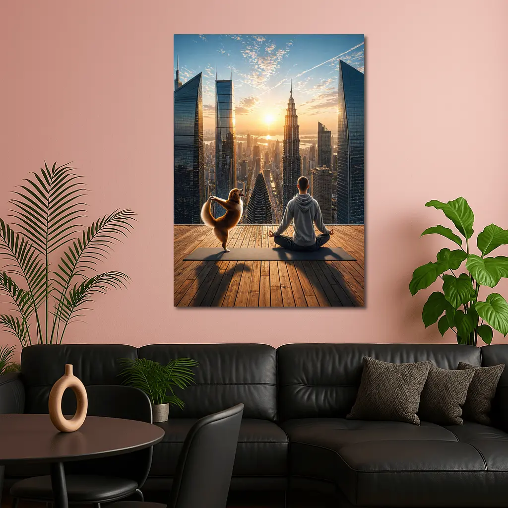 Man and Dog Yoga City Skyline Sunrise – Wall Art