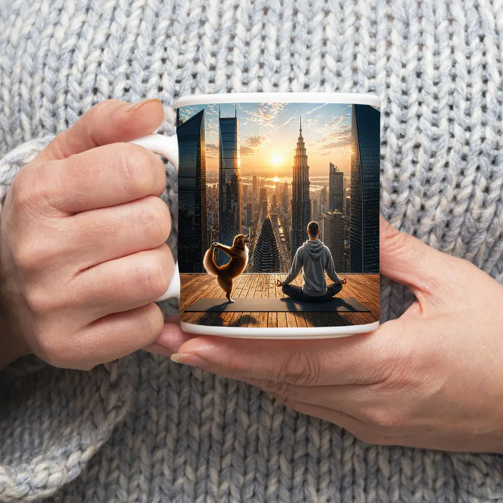 Man and Dog Yoga City Skyline Sunrise – Mugs