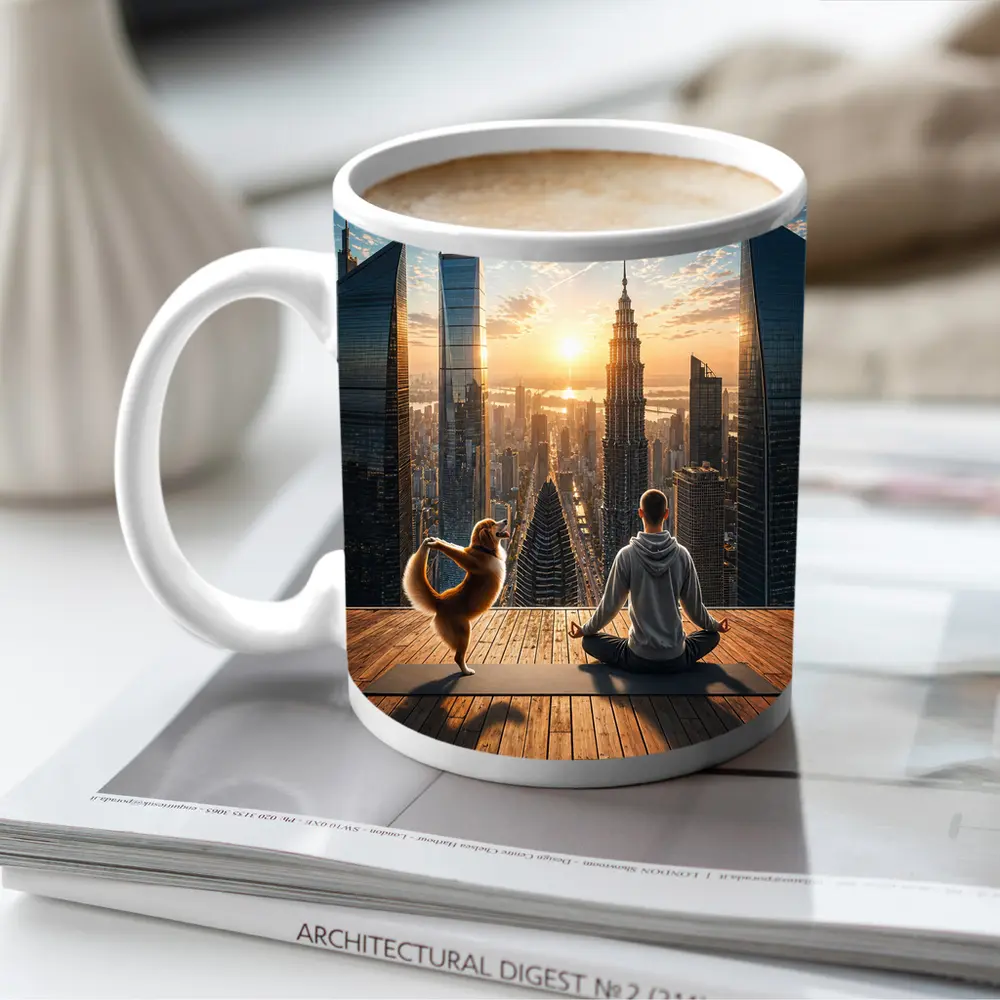 Man and Dog Yoga City Skyline Sunrise – Mugs