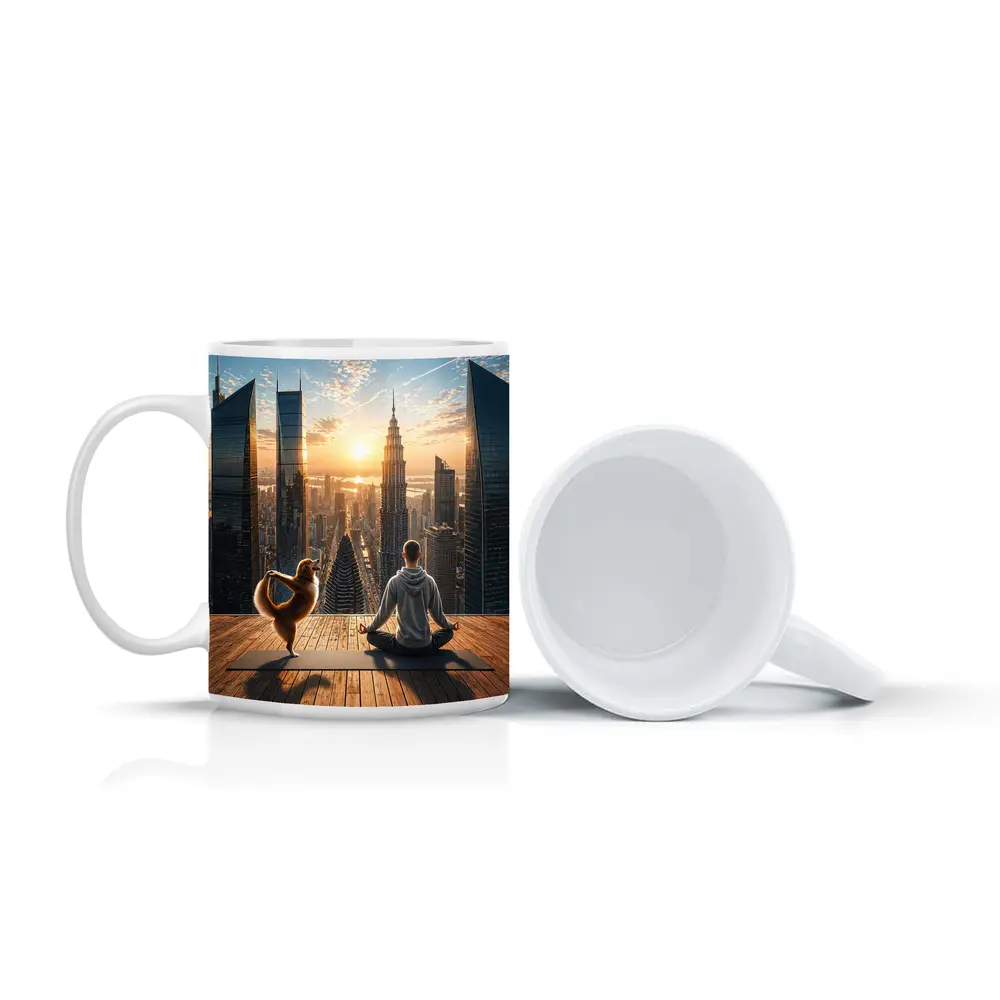 Man and Dog Yoga City Skyline Sunrise – Mugs