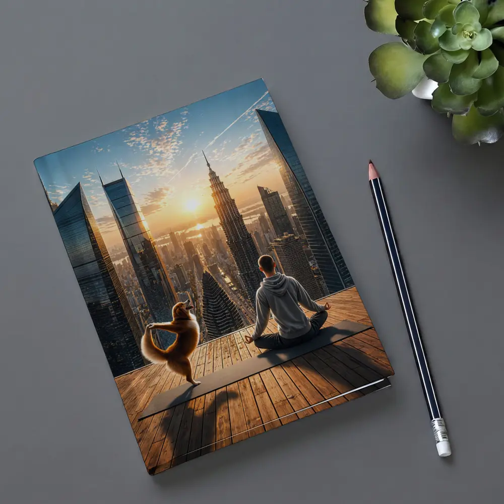 Man and Dog Yoga City Skyline Sunrise – Notebooks