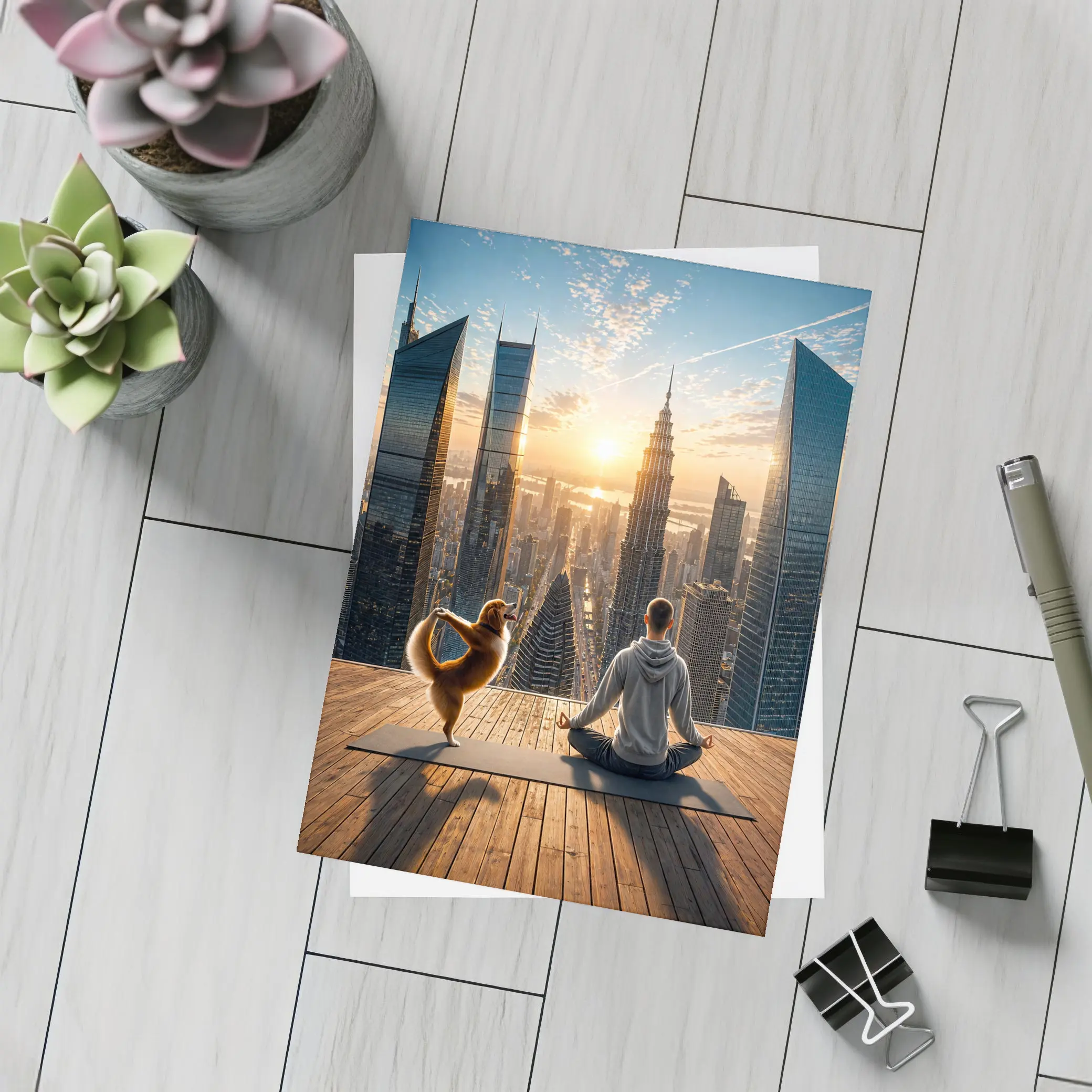 Man and Dog Yoga City Skyline Sunrise – Postcards