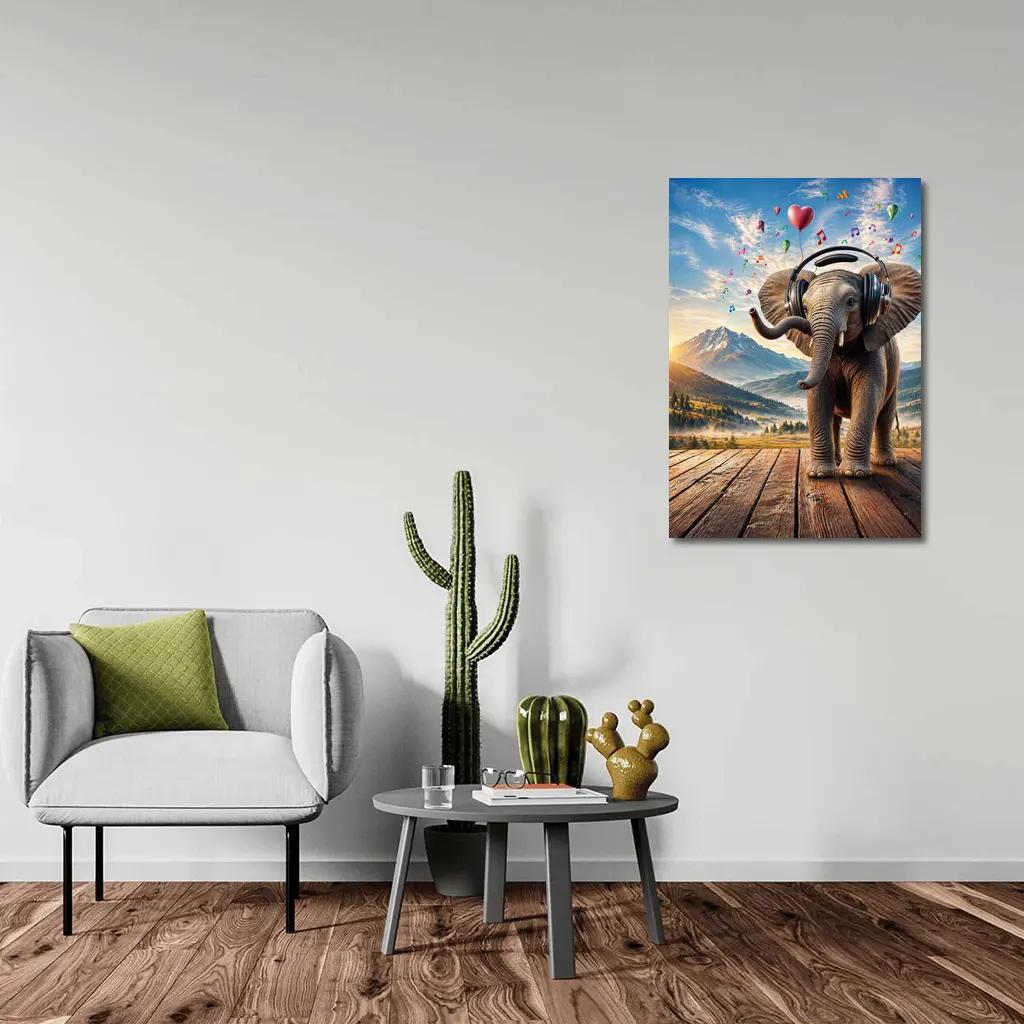 Elephant With Headphones Music Mountain Landscape – Wall Art