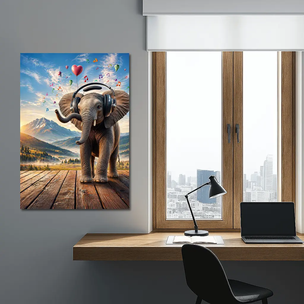 Elephant With Headphones Music Mountain Landscape – Wall Art